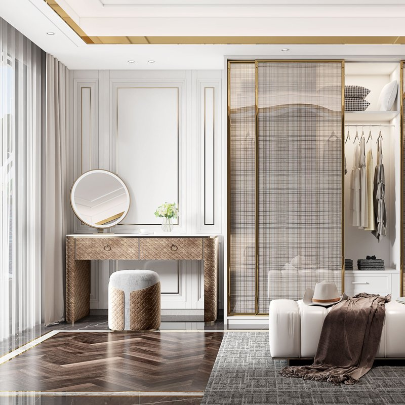 Foshan Manufacturer Custom Modern Minimalist Wardrobe And Closet System With a Dressing Table And Storage Cabinets